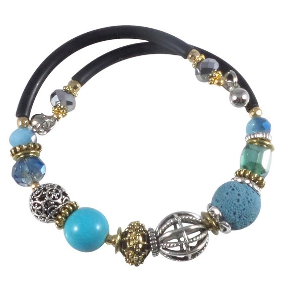 Beaded Wrap Bangle Bracelet Turquoise Handmade - Picture 3 of 6